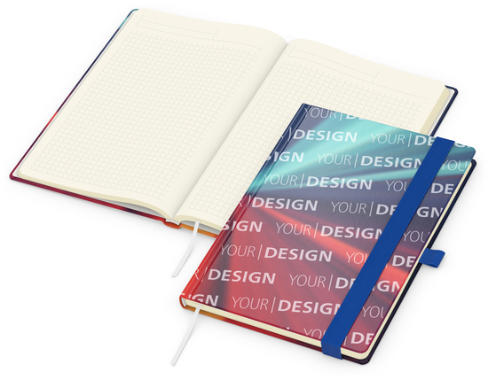 Notizbuch Match-Book Creme Bestseller, A5, Cover-Star, matt-individuell, mittelblau