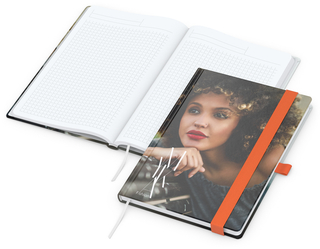 Notizbuch Match-Book White Bestseller, A5, Cover-Star, matt-individuell, orange