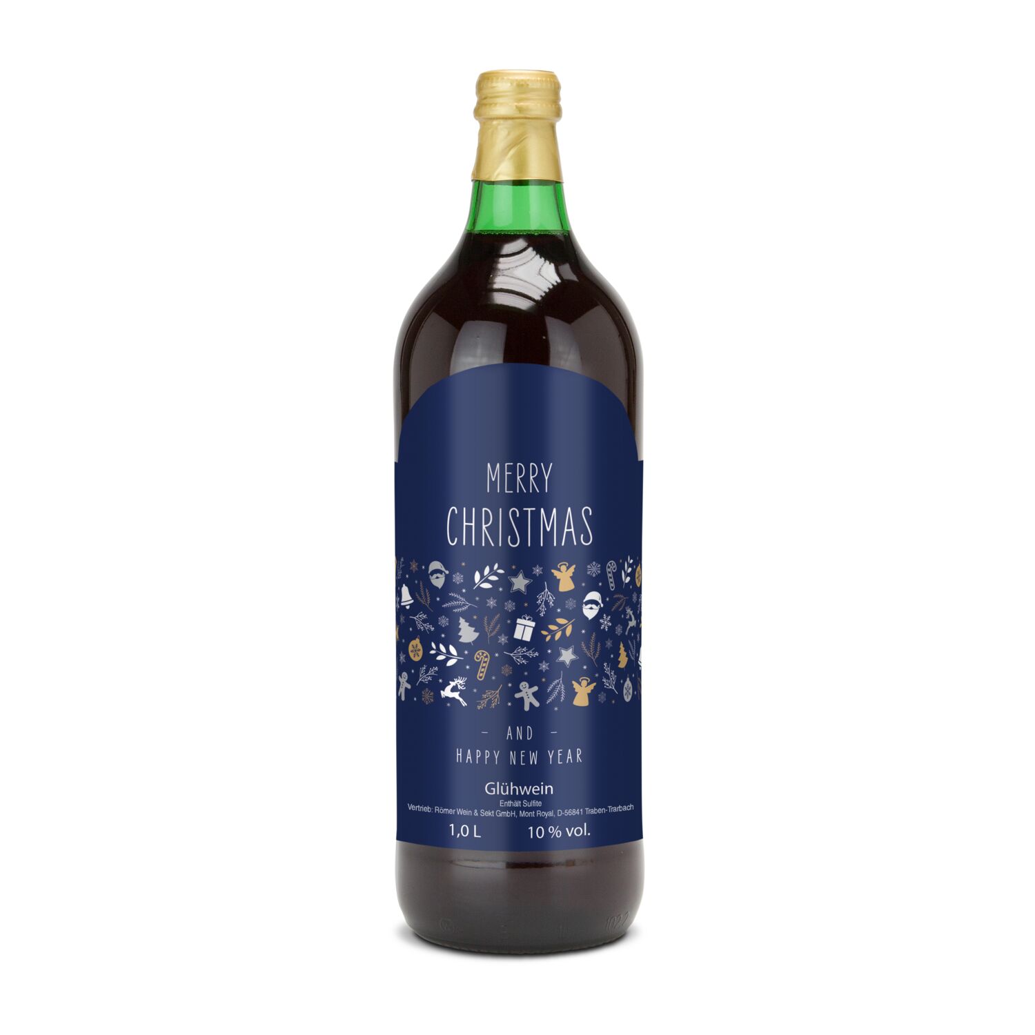 Glühwein - Flasche grün, 1 l - Motiv: Merry Christmas (blau) 2K1941c