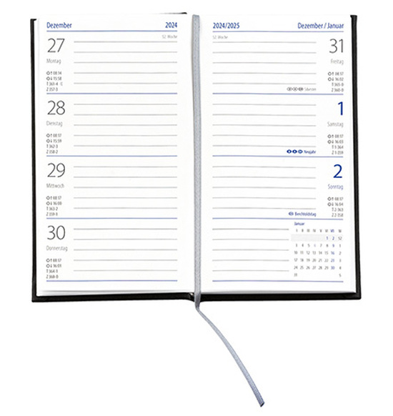 Taschenkalender "Klassik" im Format 8,7 x 15,3 cm, deutsches Kalendarium Grau/Blau mit Leseband, 128 Seiten Fadenheftung, Einband Slinky schwarz