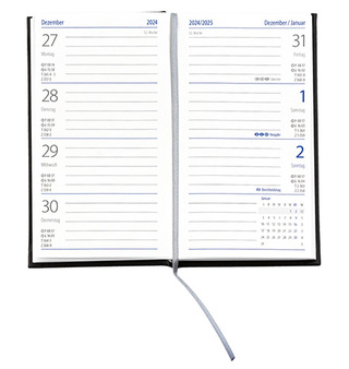 Taschenkalender "Klassik" im Format 8,7 x 15,3 cm, deutsches Kalendarium Grau/Blau mit Leseband, 128 Seiten Fadenheftung, Einband Balacron schwarz