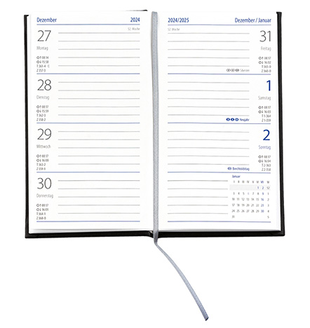 Taschenkalender "Klassik" im Format 8,7 x 15,3 cm, deutsches Kalendarium Grau/Blau mit Leseband, 128 Seiten Fadenheftung, Einband Fashion dunkelblau