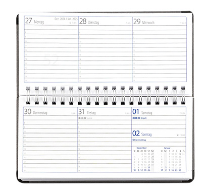Taschenkalender "Horizontal" im Format 17 x 8 cm, deutsches Kalendarium Grau/Blau, 144 Seiten, Wire-O-Bindung, Eckenperforation, Grafikeinband