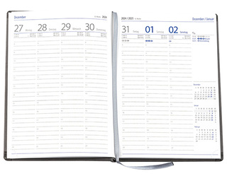Wochenkalender "Klassik D" im Format 14,5 x 20,5 cm, deutsches Kalendarium Grau/Blau mit Leseband, 144 Seiten Fadenheftung, Eckenperforation, Einband Magic hellbraun