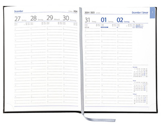 Wochenkalender "Business D" im Format 17,2 x 24 cm, deutsches Kalendarium Grau/Blau mit Leseband, 144 Seiten Fadenheftung, Eckenperforation, Einband Fashion rot