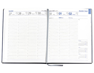 Wochenkalender "Manager D" im Format 21 x 26 cm, deutsches Kalendarium Grau/Blau mit Leseband, 144 Seiten Fadenheftung, Eckenperforation, Einband Magic rot