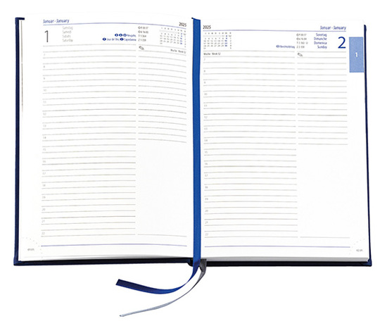 Buchkalender "Daily Chefkalender INT" im Format 14,5 x 20,5 cm, Kalendarium 4-sprachig D/F/I/GB Grau/Blau mit 2 Lesebändern, 416 Seiten Fadenheftung, Eckenperforation, Einband Balacron burgund