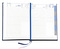 Buchkalender "Daily Chefkalender Register INT" im Format 14,5 x 20,5 cm, Kalendarium 4-sprachig D/F/I/GB Grau/Blau mit 2 Lesebändern und Registerstanzung, 416 Seiten Fadenheftung, Eckenperforation, Einband Balacron weiß