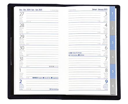 Taschenplaner "Exquisit Register INT" im Format 9,5 x 16 cm, Kalendarium 4-sprachig D/F/I/GB Grau/Blau mit Registerstanzung, 64 Seiten gebunden + 16 Seiten Adressheft Register, eingesteckt in Slinky-Hülle schwarz