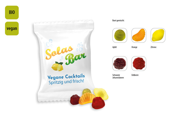 BIO Mini Früchte vegan Werbetüte, Inhalt: Vegane BIO Mini Früchte