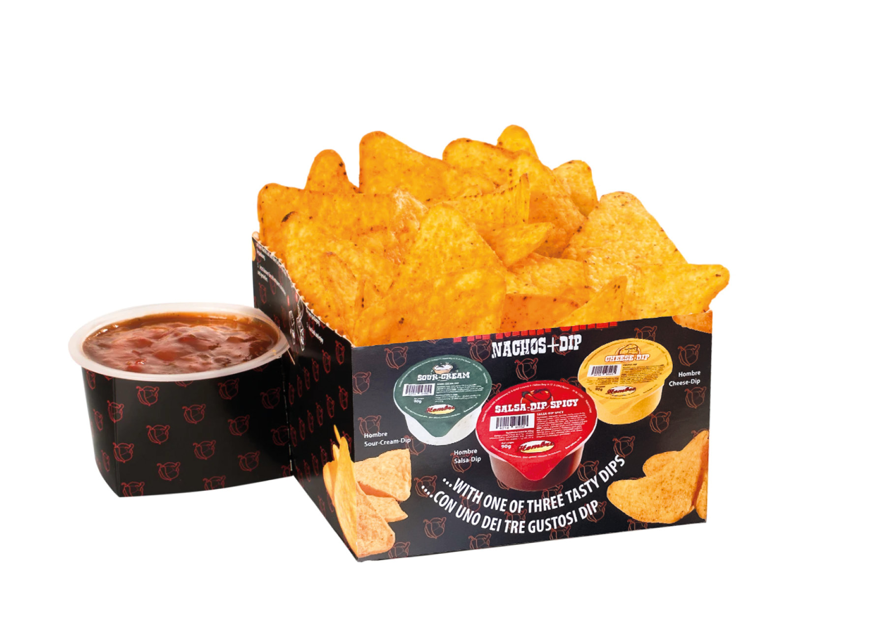 Nacho Box im Schuber, Inhalt: Nachos Paprika-Chili, Salsa Dip Spicy